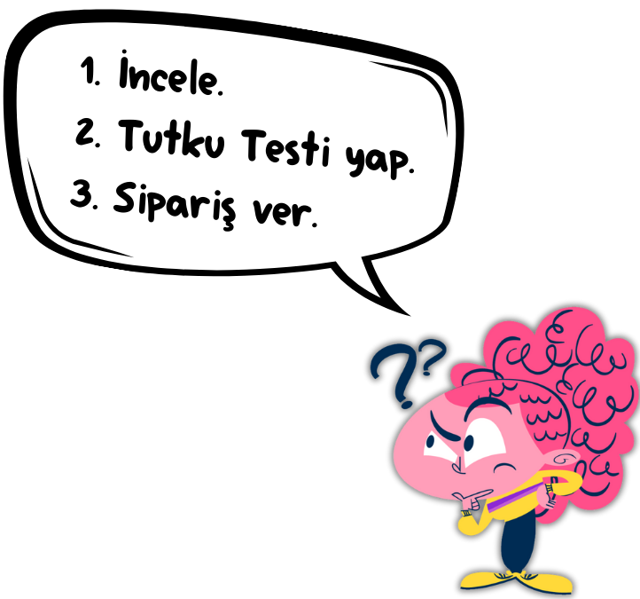 1. İncele. 2. Tutku Testi yap. 3. Sipariş ver.