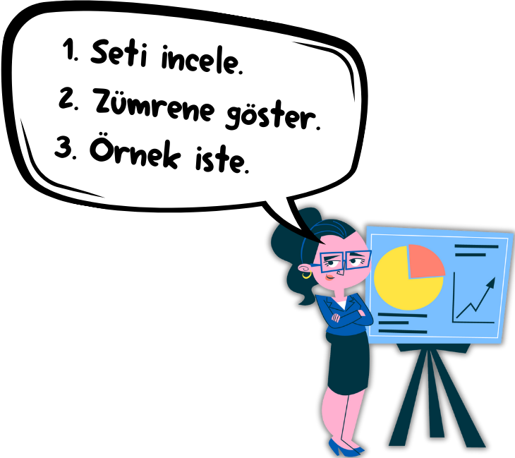 1. Seti incele. 2. Zümrene göster. 3. Örnek iste.