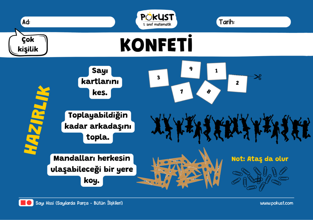 HAZIRLIK Çok kişilik KONFETİ Sayı kartlarını kes. Toplayabildiğin kadar arkadaşını topla. Mandalları herkesin ulaşabileceği bir yere koy. Not: Ataş da olur Sayı Hissi (Sayılarda Parça - Bütün İlişkileri)
