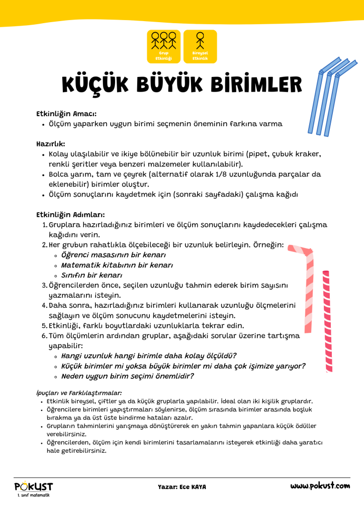 p kust 1. sınıf matematik Grup Etkinliği Bireysel Etkinlik Etkinliğin Amacı: Ölçüm yaparken uygun birimi seçmenin öneminin farkına varma Hazırlık: Kolay ulaşılabilir ve ikiye bölünebilir bir uzunluk birimi (pipet, çubuk kraker, renkli şeritler veya benzeri malzemeler kullanılabilir). Bolca yarım, tam ve çeyrek (alternatif olarak 1/8 uzunluğunda parçalar da eklenebilir) birimler oluştur. Ölçüm sonuçlarını kaydetmek için (sonraki sayfadaki) çalışma kağıdı Etkinliğin Adımları: Gruplara hazırladığınız birimleri ve ölçüm sonuçlarını kaydedecekleri çalışma kağıdını verin. Her grubun rahatlıkla ölçebileceği bir uzunluk belirleyin. Örneğin: Öğrenci masasının bir kenarı Matematik kitabının bir kenarı Sınıfın bir kenarı Öğrencilerden önce, seçilen uzunluğu tahmin ederek birim sayısını yazmalarını isteyin. Daha sonra, hazırladığınız birimleri kullanarak uzunluğu ölçmelerini sağlayın ve ölçüm sonucunu kaydetmelerini isteyin. Etkinliği, farklı boyutlardaki uzunluklarla tekrar edin. Tüm ölçümlerin ardından gruplar, aşağıdaki sorular üzerine tartışma yapabilir: Hangi uzunluk hangi birimle daha kolay ölçüldü? Küçük birimler mi yoksa büyük birimler mi daha çok işimize yarıyor? Neden uygun birim seçimi önemlidir? Küçük Büyük Birimler www.pokust.com Yazar: Ece KAYA İpuçları ve Farklılaştırmalar: Etkinlik bireysel, çiftler ya da küçük gruplarla yapılabilir. İdeal olan iki kişilik gruplardır. Öğrencilere birimleri yapıştırmaları söylenirse, ölçüm sırasında birimler arasında boşluk bırakma ya da üst üste bindirme hataları azalır. Grupların tahminlerini yarışmaya dönüştürerek en yakın tahmin yapanlara küçük ödüller verebilirsiniz. Öğrencilerden, ölçüm için kendi birimlerini tasarlamalarını isteyerek etkinliği daha yaratıcı hale getirebilirsiniz.