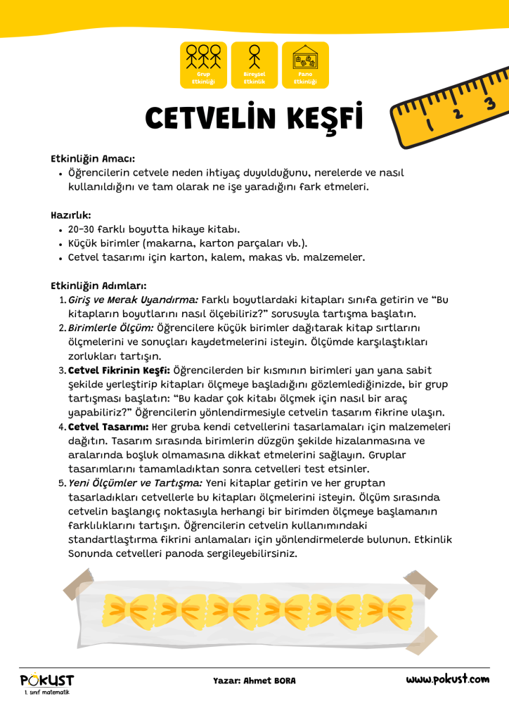 p kust 1. sınıf matematik Etkinliğin Amacı: Öğrencilerin cetvele neden ihtiyaç duyulduğunu, nerelerde ve nasıl kullanıldığını ve tam olarak ne işe yaradığını fark etmeleri. Hazırlık: 20-30 farklı boyutta hikaye kitabı. Küçük birimler (makarna, karton parçaları vb.). Cetvel tasarımı için karton, kalem, makas vb. malzemeler. Etkinliğin Adımları: Giriş ve Merak Uyandırma: Farklı boyutlardaki kitapları sınıfa getirin ve “Bu kitapların boyutlarını nasıl ölçebiliriz?” sorusuyla tartışma başlatın. Birimlerle Ölçüm: Öğrencilere küçük birimler dağıtarak kitap sırtlarını ölçmelerini ve sonuçları kaydetmelerini isteyin. Ölçümde karşılaştıkları zorlukları tartışın. Cetvel Fikrinin Keşfi: Öğrencilerden bir kısmının birimleri yan yana sabit şekilde yerleştirip kitapları ölçmeye başladığını gözlemlediğinizde, bir grup tartışması başlatın: “Bu kadar çok kitabı ölçmek için nasıl bir araç yapabiliriz?” Öğrencilerin yönlendirmesiyle cetvelin tasarım fikrine ulaşın. Cetvel Tasarımı: Her gruba kendi cetvellerini tasarlamaları için malzemeleri dağıtın. Tasarım sırasında birimlerin düzgün şekilde hizalanmasına ve aralarında boşluk olmamasına dikkat etmelerini sağlayın. Gruplar tasarımlarını tamamladıktan sonra cetvelleri test etsinler. Yeni Ölçümler ve Tartışma: Yeni kitaplar getirin ve her gruptan tasarladıkları cetvellerle bu kitapları ölçmelerini isteyin. Ölçüm sırasında cetvelin başlangıç noktasıyla herhangi bir birimden ölçmeye başlamanın farklılıklarını tartışın. Öğrencilerin cetvelin kullanımındaki standartlaştırma fikrini anlamaları için yönlendirmelerde bulunun. Etkinlik Sonunda cetvelleri panoda sergileyebilirsiniz. Grup Etkinliği Bireysel Etkinlik Pano Etkinliği CETVELİN KEŞFİ www.pokust.com Yazar: Ahmet BORA