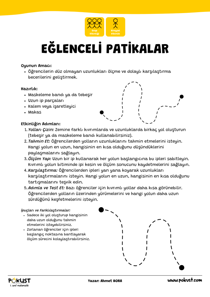 p kust 1. sınıf matematik Oyunun Amacı: Öğrencilerin düz olmayan uzunlukları ölçme ve dolaylı karşılaştırma becerilerini geliştirmek. Hazırlık: Maskeleme bandı ya da tebeşir Uzun ip parçaları Kalem veya işaretleyici Makas Etkinliğin Adımları: Yolları Çizin: Zemine farklı kıvrımlarda ve uzunluklarda birkaç yol oluşturun (tebeşir ya da maskeleme bandı kullanabilirsiniz). Tahmin Et: Öğrencilerden yolların uzunluklarını tahmin etmelerini isteyin. Hangi yolun en uzun, hangisinin en kısa olduğunu düşündüklerini paylaşmalarını sağlayın. Ölçüm Yap: Uzun bir ip kullanarak her yolun başlangıcına bu ipleri sabitleyin. Kıvrımlı yolun bitiminde ipi kesin ve ölçüm sonucunu kaydetmelerini sağlayın. Karşılaştırma: Öğrencilerden ipleri yan yana koyarak uzunlukları karşılaştırmalarını isteyin. Hangi yolun en uzun, hangisinin en kısa olduğunu tartışmalarını teşvik edin. Adımla ve Test Et: Bazı öğrenciler için kıvrımlı yollar daha kısa görünebilir. Öğrencilerden yolların üzerinden yürümelerini ve hangi yolun daha uzun sürdüğünü keşfetmelerini isteyin. Grup Etkinliği Bireysel Etkinlik EĞLENCELİ PATİKALAR www.pokust.com Yazar: Ahmet BORA İpuçları ve Farklılaştırmalar: Sadece iki yol oluşturup hangisinin daha uzun olduğunu tahmin etmelerini isteyebilirsiniz. Zorlanan öğrenciler için ipleri başlangıç noktasına bantlayarak ölçüm sürecini kolaylaştırabilirsiniz.