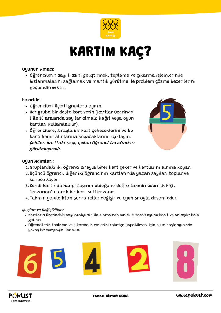 p kust 1. sınıf matematik Grup Etkinliği Oyunun Amacı: Öğrencilerin sayı hissini geliştirmek, toplama ve çıkarma işlemlerinde hızlanmalarını sağlamak ve mantık yürütme ile problem çözme becerilerini güçlendirmektir. Hazırlık: Öğrencileri üçerli gruplara ayırın. Her gruba bir deste kart verin (kartlar üzerinde 1 ile 10 arasında sayılar olmalı; kağıt veya oyun kartları kullanılabilir). Öğrencilere, sırayla bir kart çekeceklerini ve bu kartı kendi alınlarına koyacaklarını açıklayın. Çekilen karttaki sayı, çeken öğrenci tarafından görülmeyecek. Oyun Adımları: Gruplardaki iki öğrenci sırayla birer kart çeker ve kartlarını alnına koyar. Üçüncü öğrenci, diğer iki öğrencinin kartlarında yazan sayıları toplar ve sonucu söyler. Kendi kartında hangi sayının olduğunu doğru tahmin eden ilk kişi, "kazanan" olarak bir kart seti kazanır. Tahmin yapıldıktan sonra roller değişir ve oyun sırayla devam eder. İpuçları ve Değişiklikler Kartların üzerindeki sayı aralığını 1 ile 5 arasında sınırlı tutarak oyunu basit ve anlaşılır hale getirin. Öğrencilerin toplama ve çıkarma işlemlerini rahatça yapabilmesi için oyun başlangıcında yavaş bir tempoyla ilerleyin. KARTIM KAÇ? www.pokust.com Yazar: Ahmet BORA