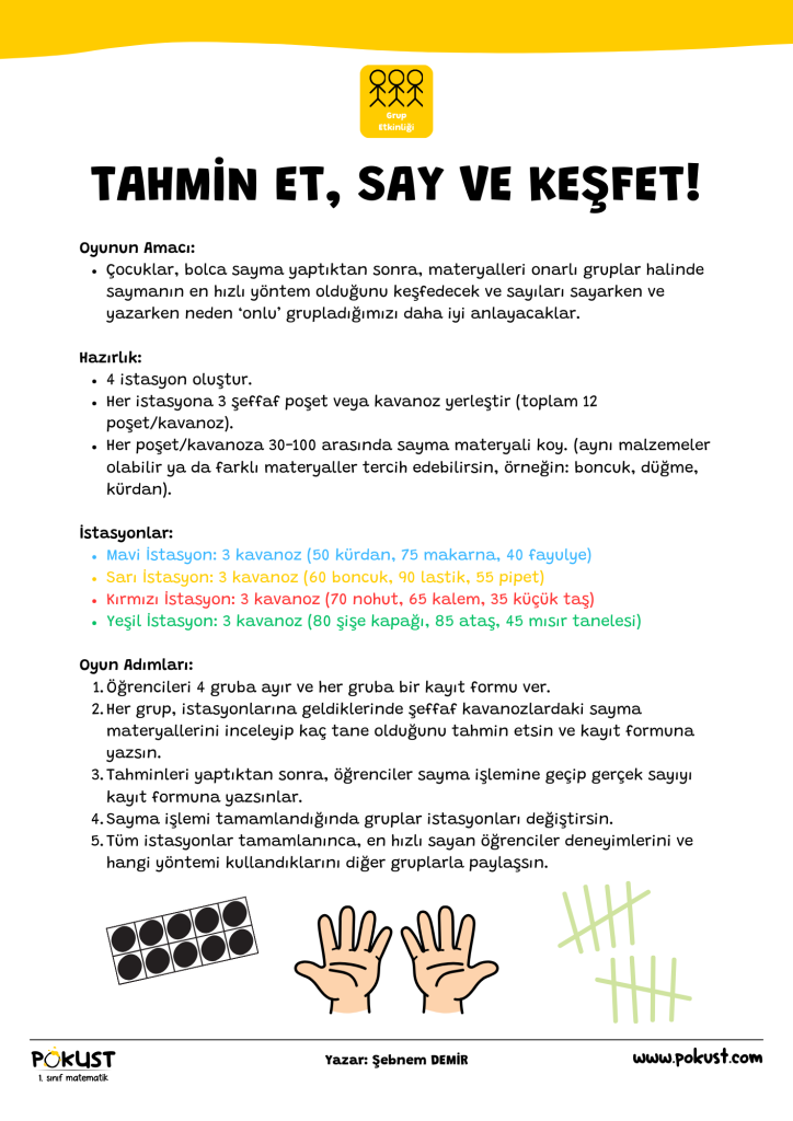 p kust 1. sınıf matematik www.pokust.com Oyunun Amacı: Çocuklar, bolca sayma yaptıktan sonra, materyalleri onarlı gruplar halinde saymanın en hızlı yöntem olduğunu keşfedecek ve sayıları sayarken ve yazarken neden ‘onlu’ grupladığımızı daha iyi anlayacaklar. Hazırlık: 4 istasyon oluştur. Her istasyona 3 şeffaf poşet veya kavanoz yerleştir (toplam 12 poşet/kavanoz). Her poşet/kavanoza 30-100 arasında sayma materyali koy. (aynı malzemeler olabilir ya da farklı materyaller tercih edebilirsin, örneğin: boncuk, düğme, kürdan). İstasyonlar: Mavi İstasyon: 3 kavanoz (50 kürdan, 75 makarna, 40 fayulye) Sarı İstasyon: 3 kavanoz (60 boncuk, 90 lastik, 55 pipet) Kırmızı İstasyon: 3 kavanoz (70 nohut, 65 kalem, 35 küçük taş) Yeşil İstasyon: 3 kavanoz (80 şişe kapağı, 85 ataş, 45 mısır tanelesi) Oyun Adımları: Öğrencileri 4 gruba ayır ve her gruba bir kayıt formu ver. Her grup, istasyonlarına geldiklerinde şeffaf kavanozlardaki sayma materyallerini inceleyip kaç tane olduğunu tahmin etsin ve kayıt formuna yazsın. Tahminleri yaptıktan sonra, öğrenciler sayma işlemine geçip gerçek sayıyı kayıt formuna yazsınlar. Sayma işlemi tamamlandığında gruplar istasyonları değiştirsin. Tüm istasyonlar tamamlanınca, en hızlı sayan öğrenciler deneyimlerini ve hangi yöntemi kullandıklarını diğer gruplarla paylaşsın. Tahmin Et, Say ve Keşfet! Grup Etkinliği Yazar: Şebnem DEMİR